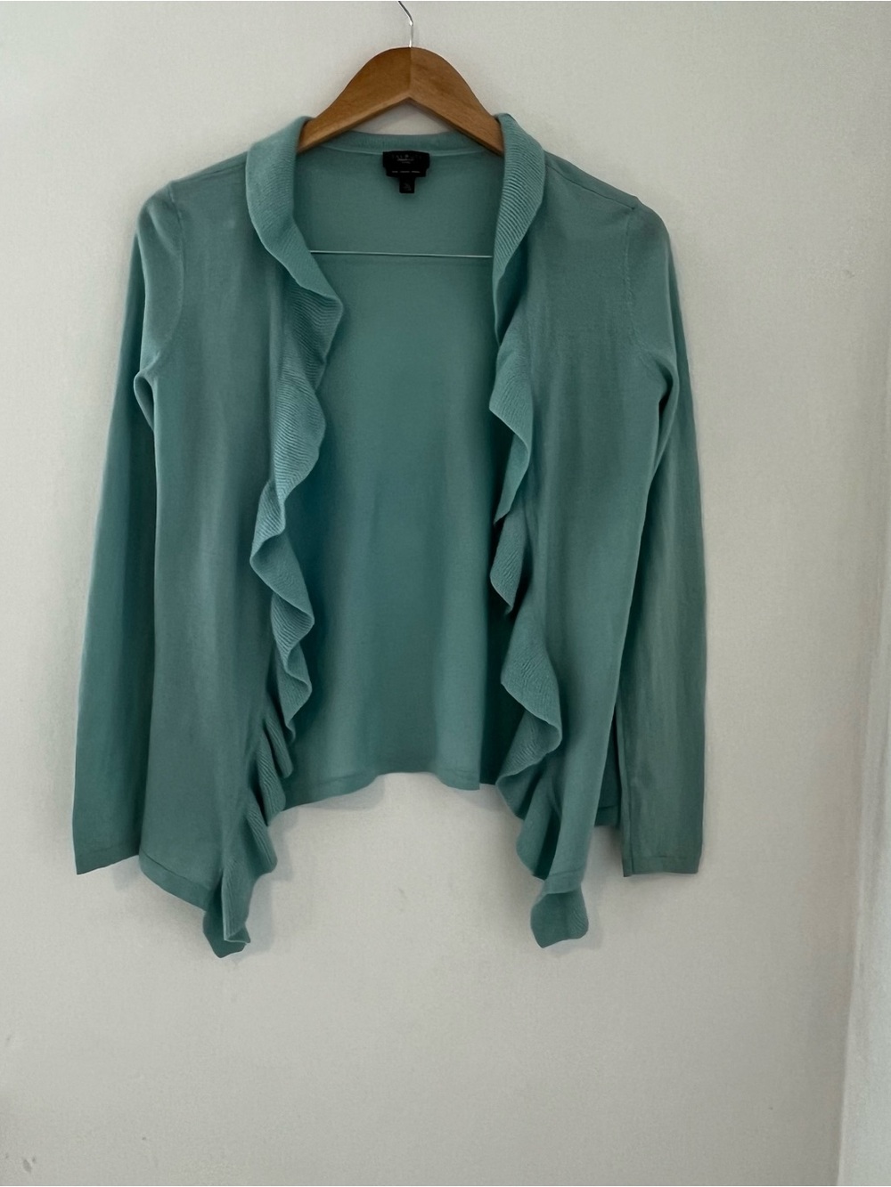 Talbots Seafoam Ruffle-Trim Open 100% Wool Soft Feminine Cardigan
